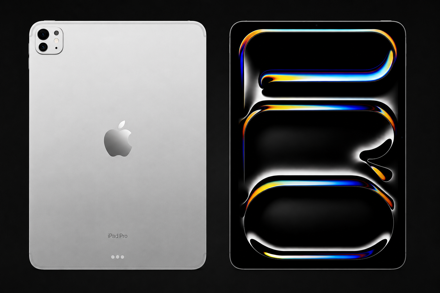 iPad Pro 11" M4 Silver – front and back view on dark background